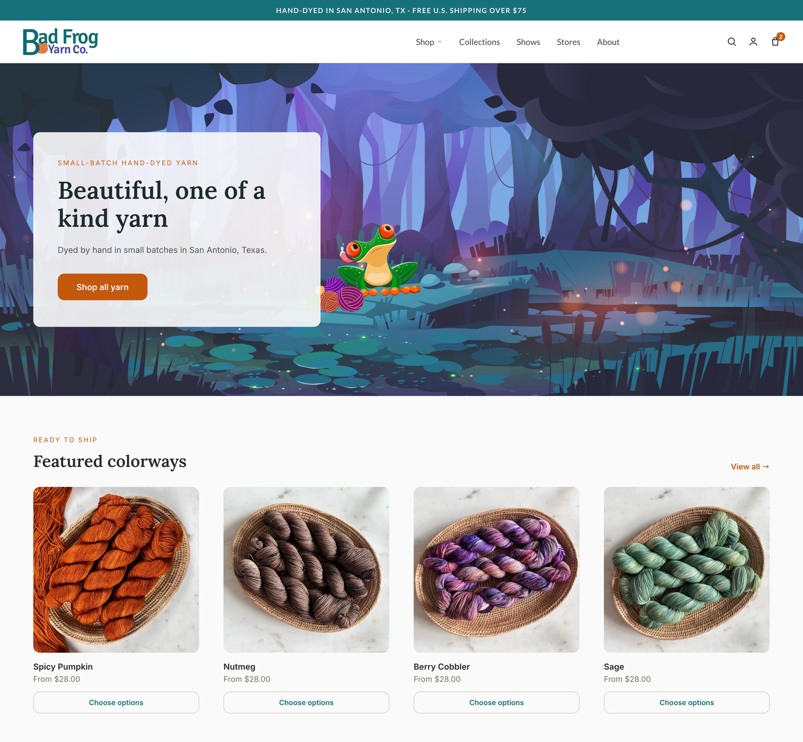 The Bad Frog Yarn Co storefront on desktop