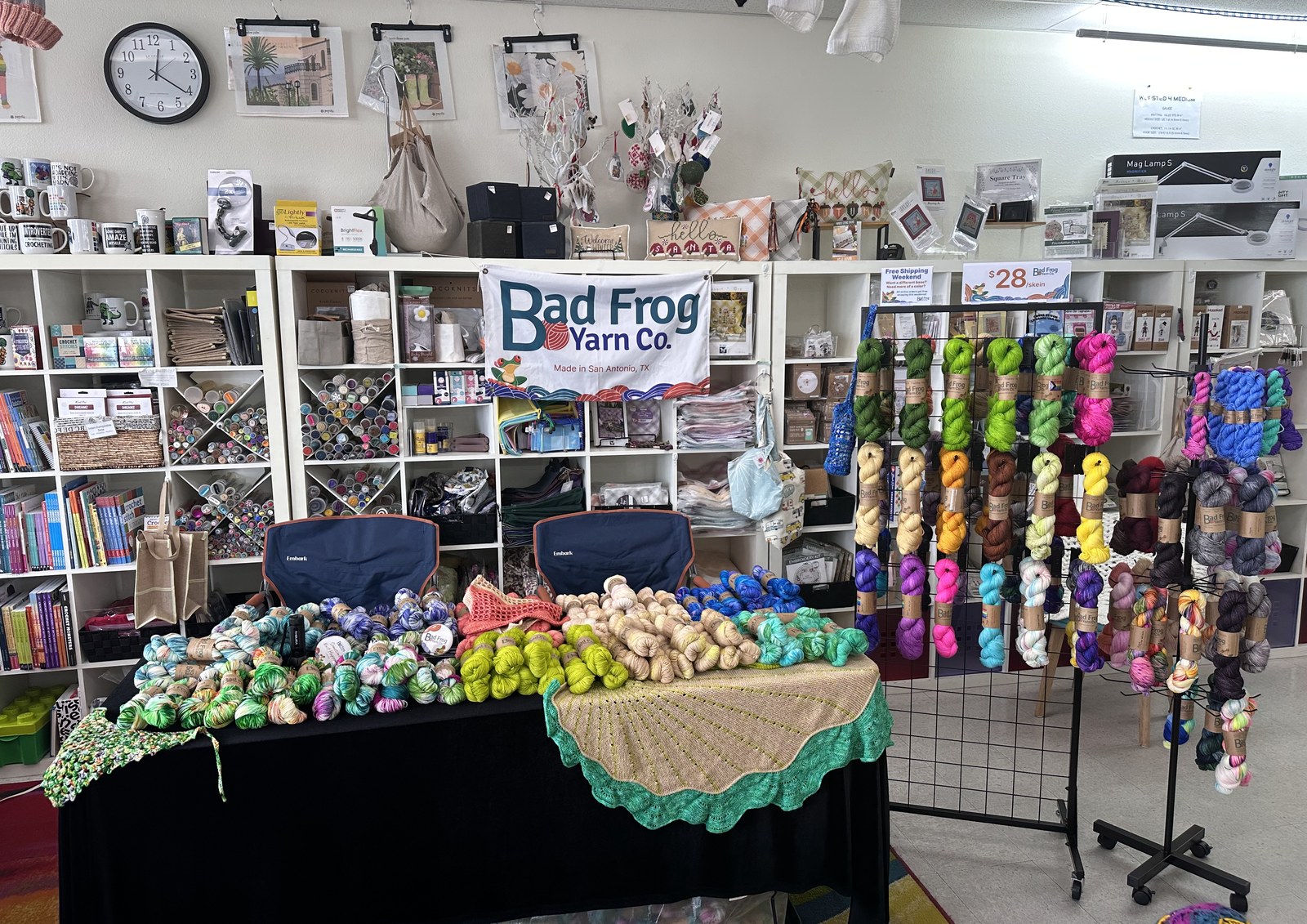 The Bad Frog Yarn Co booth, showing the hand-dyed catalog