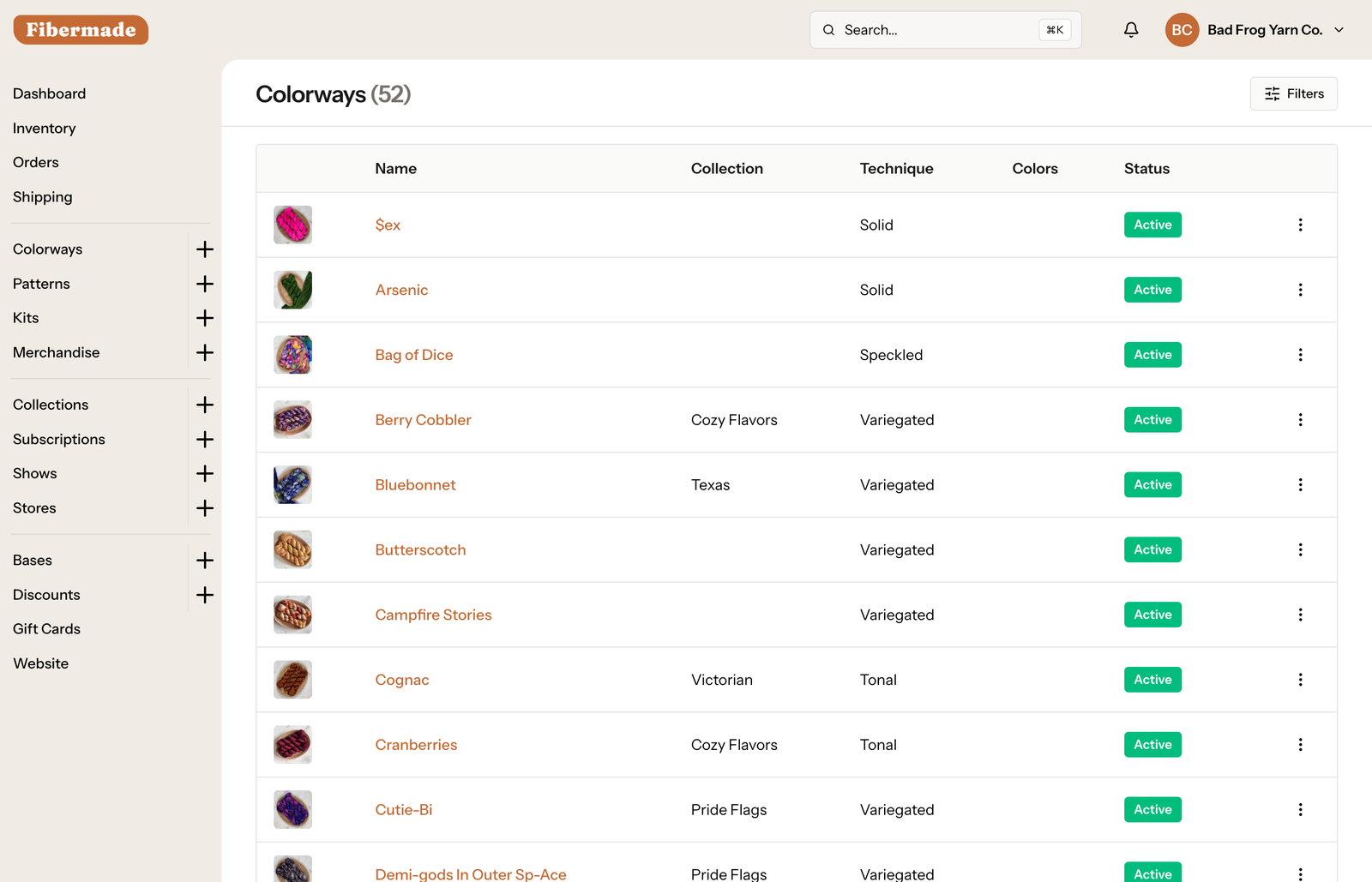 The Fibermade colorways screen