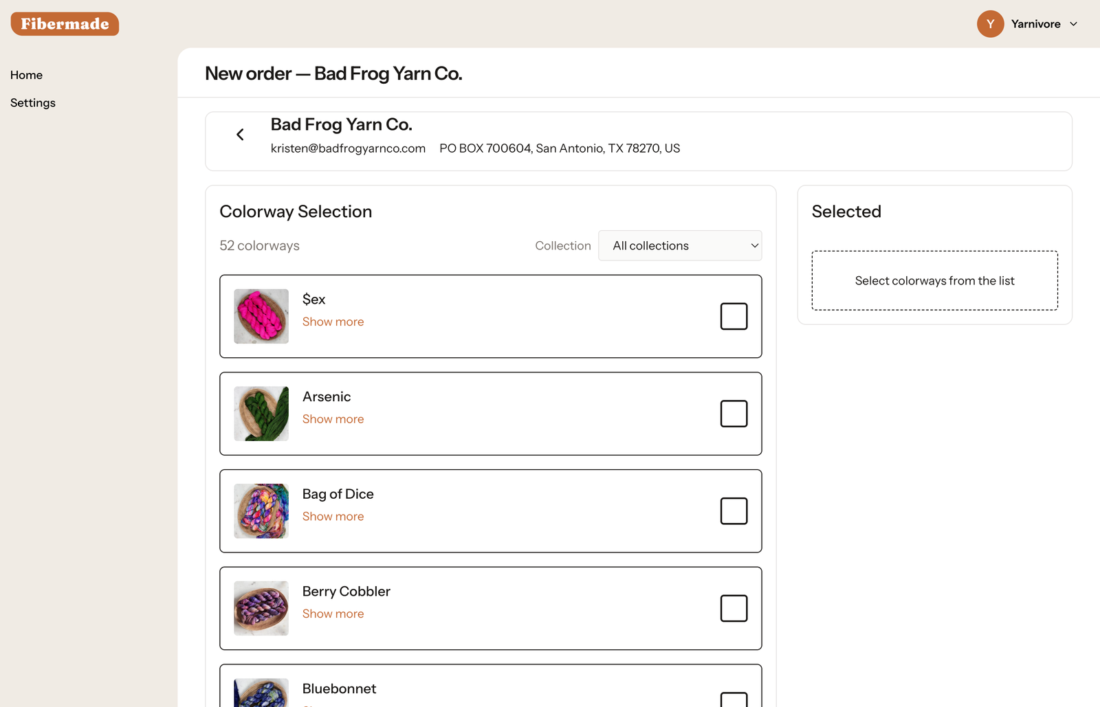 The Fibermade wholesale order screen